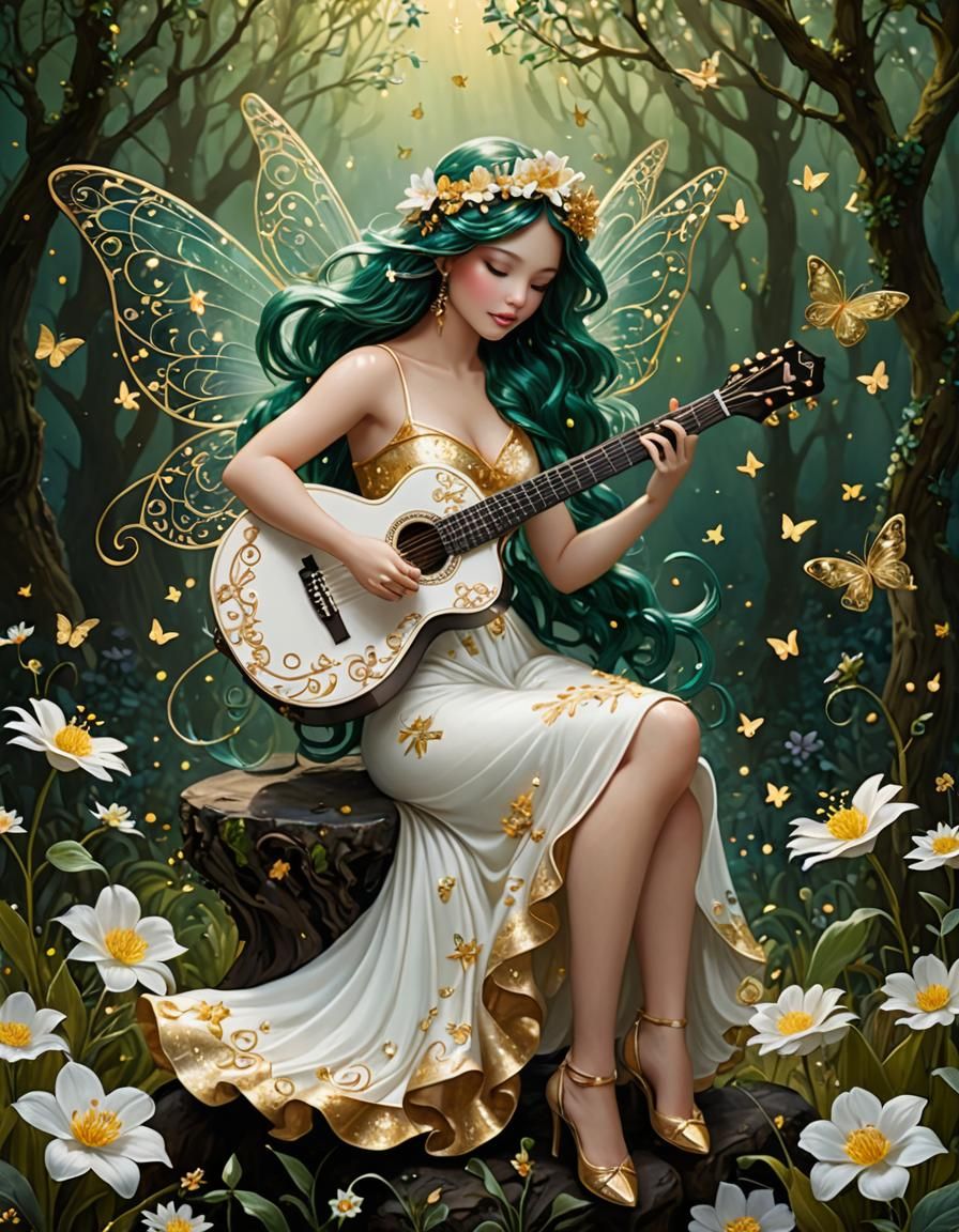 Ethereal Fairy Plays Guitar Under Celestial Circles