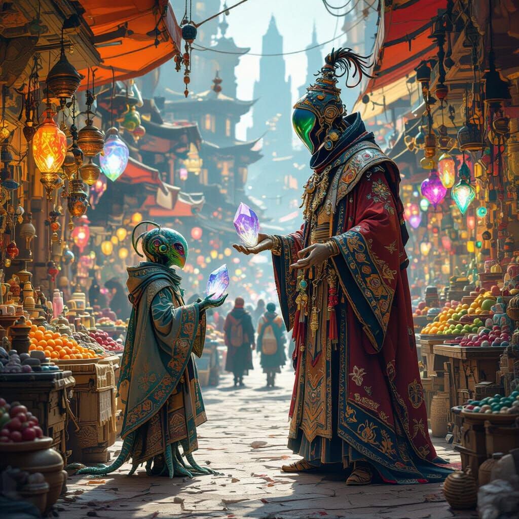 Alien Marketplace Trade in Hyperrealistic Style