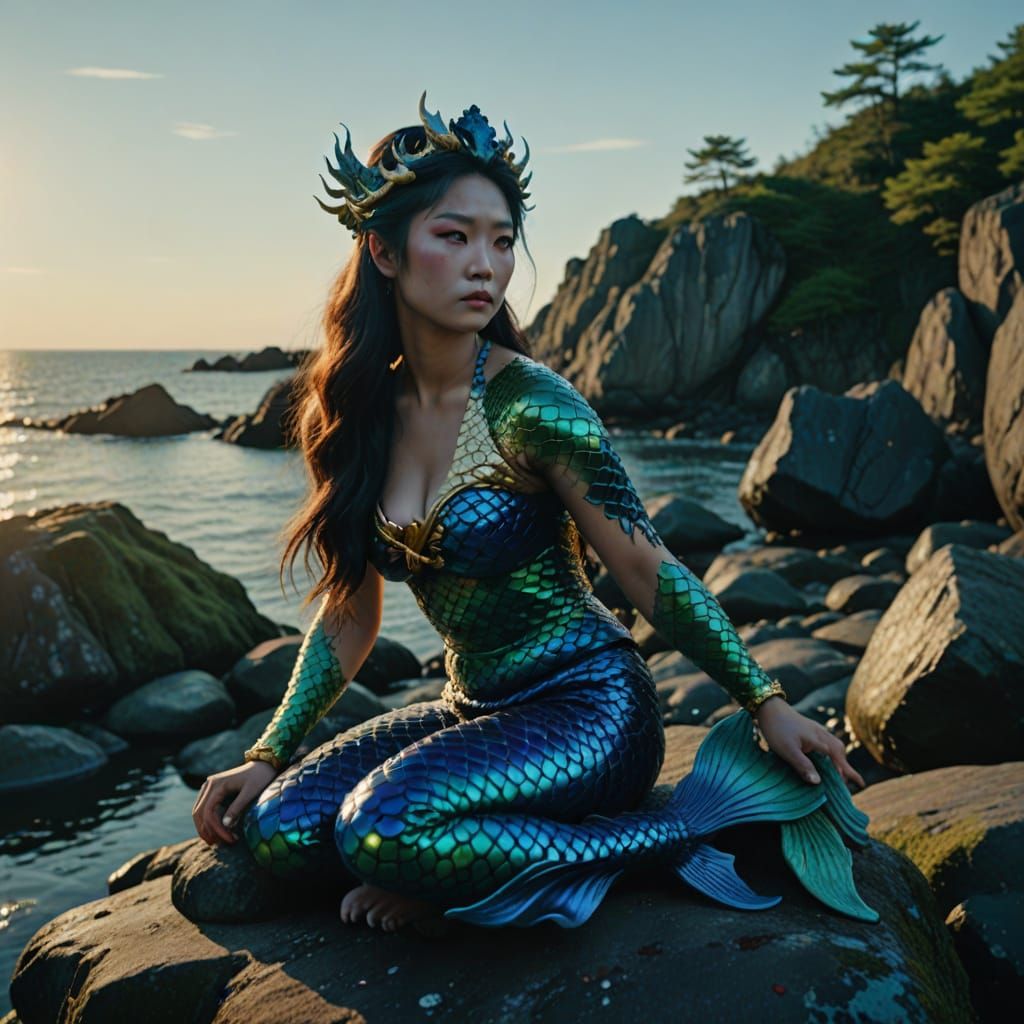 Hyperrealistic Mermaid Sazae-oni in Golden Hour Glow