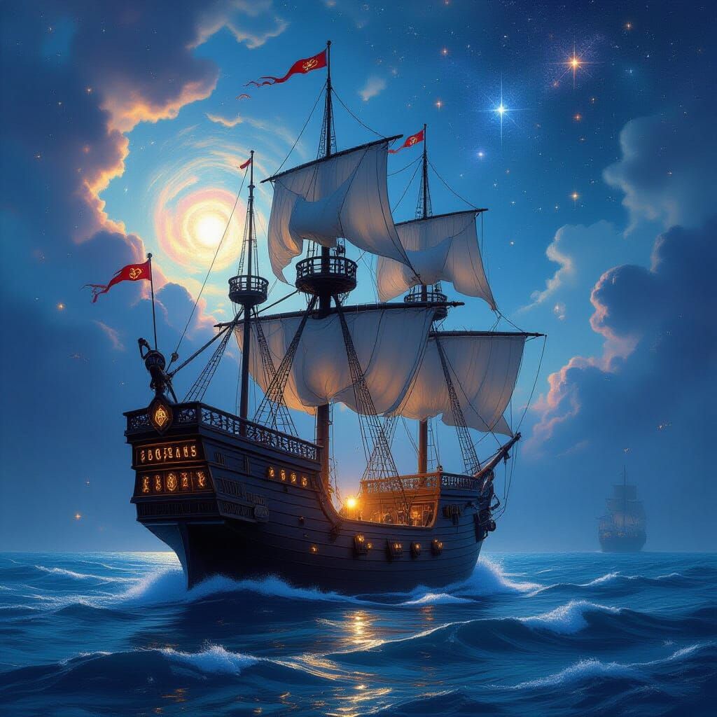 Cosmic Galleon Navigates Starry Ocean in Matte Painting Styl...