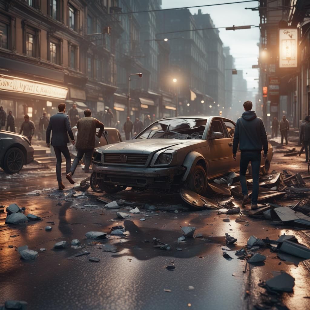 Car Crash Scene with Pedestrians in 3D Style