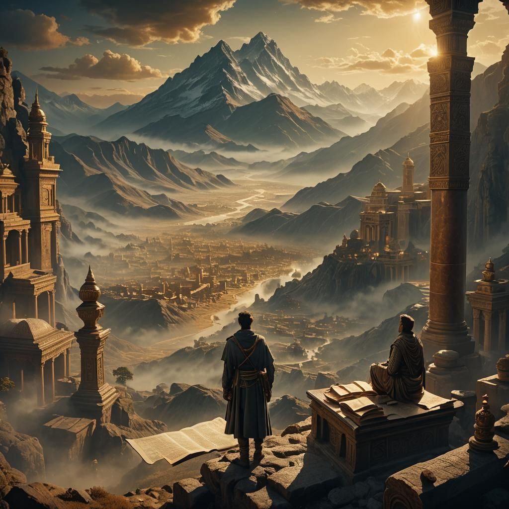 Epic Cinematic Masterpiece with Ancient Scrolls and Misty Mo...