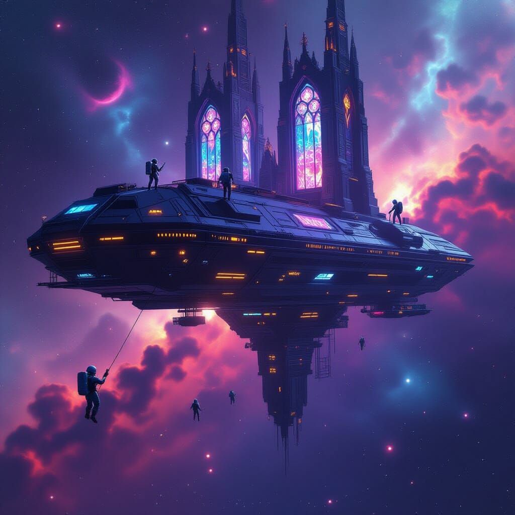 Gothic Cathedral Space Station in Nebula