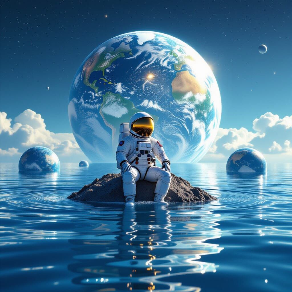 Astronaut on Water Planet Halo with Sparkling Reflections