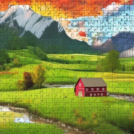 Digital Collage Puzzle Unveils Country Landscape
