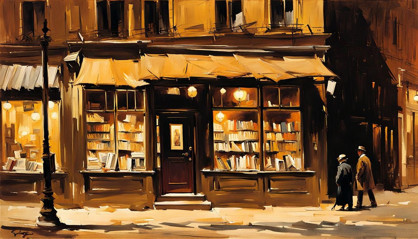 Impressionist Street Scene with a Suburban Bookstore at Nigh...