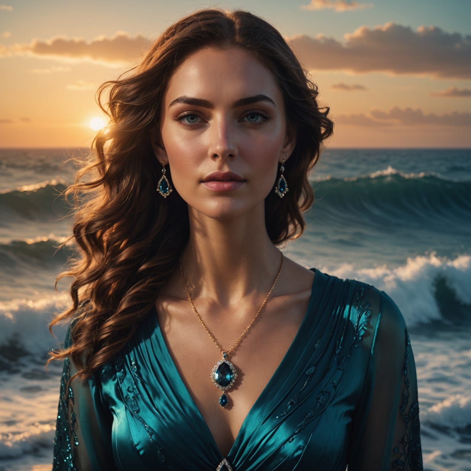 Elegant Woman with Sapphire Pendant in Hyperrealistic Style