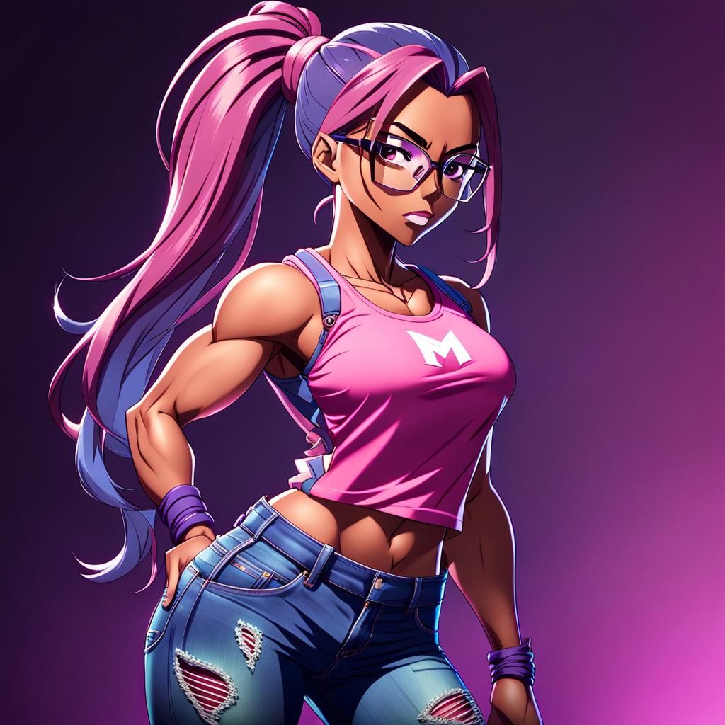Vibrant Anime Portrait of a Muscular Latina Woman