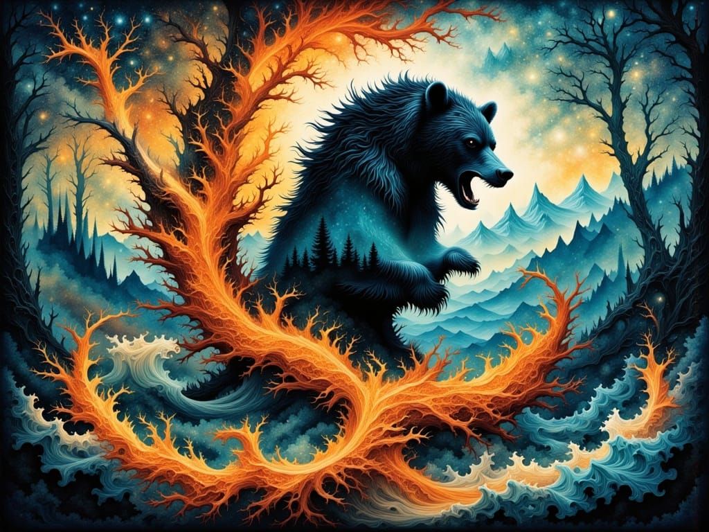 Ferocious Grizzly Bear in Fractal Forest of Fire and Waves