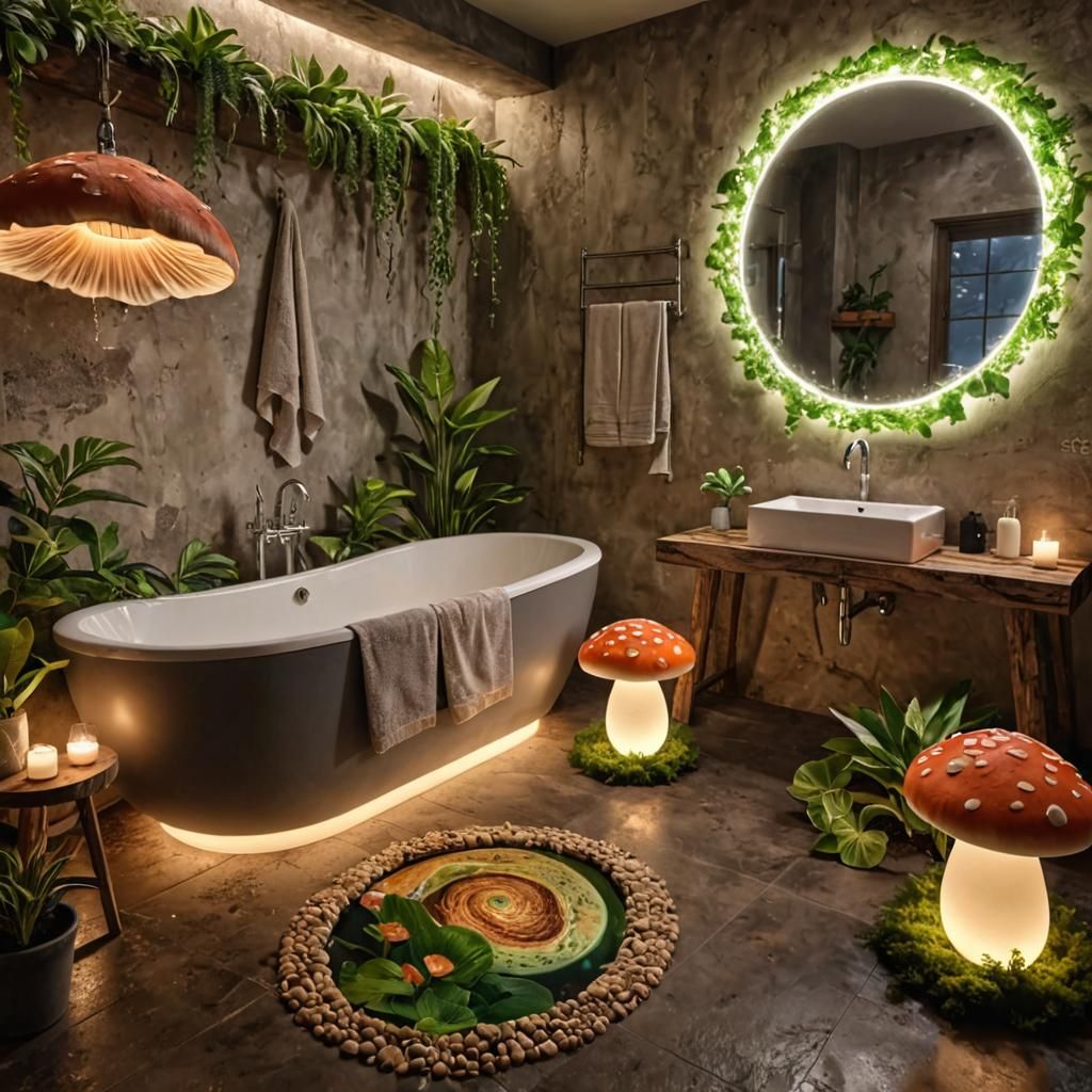 Rustic mushroom bathroom.