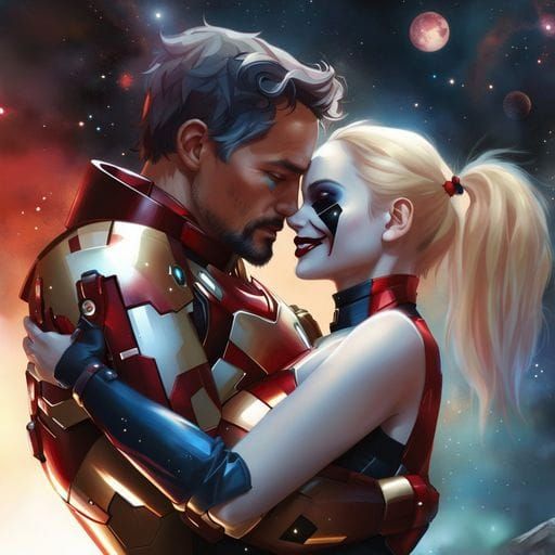Ironman and Harley Quinn Embrace in Space