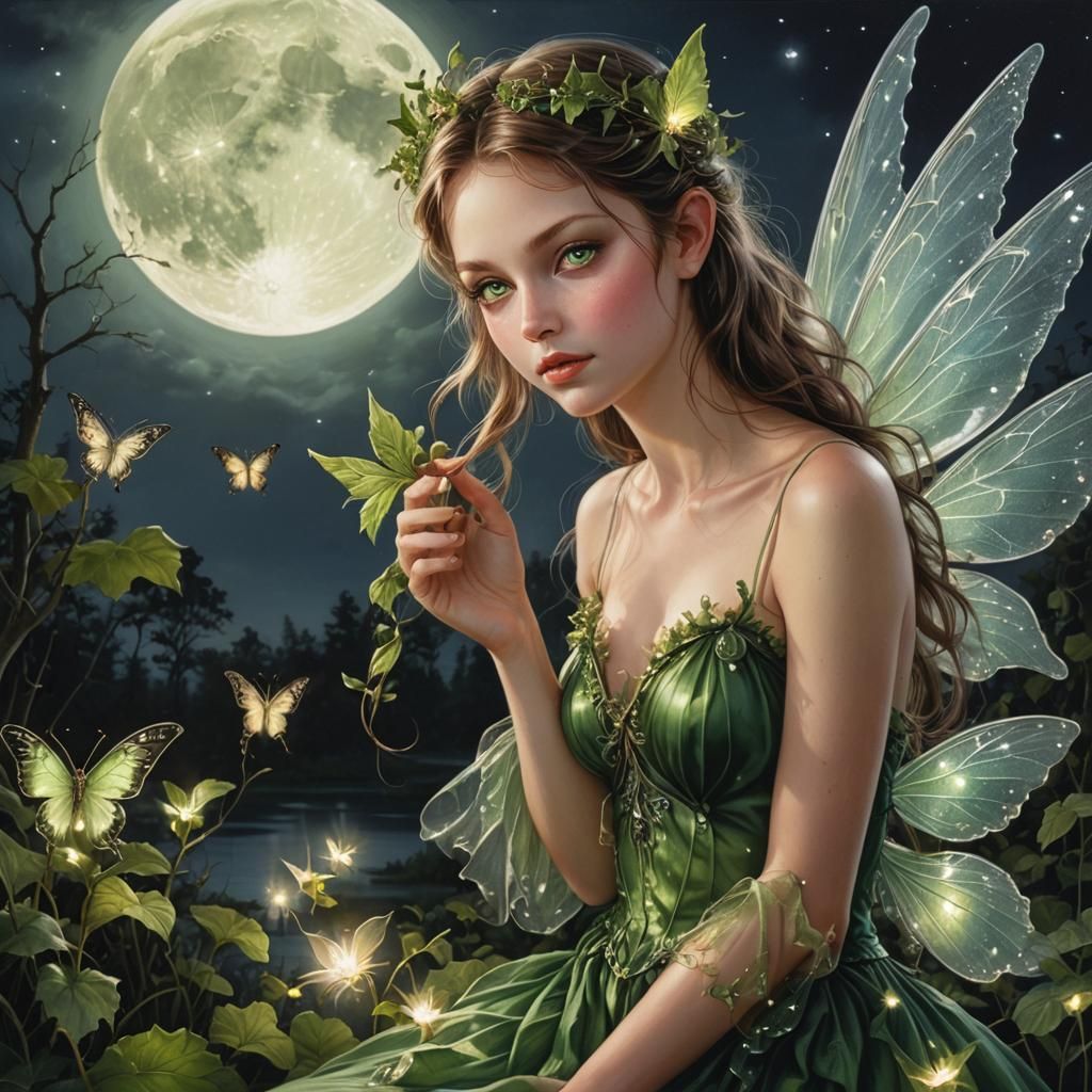 Fairies with Green Eyes in Moonlight, Photorealism