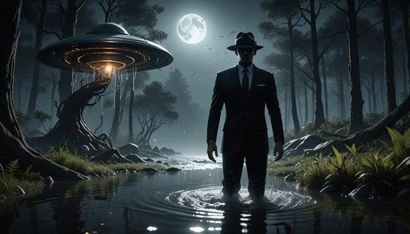 MIB Agent Emerges From Rippling Water Under Moonlight
