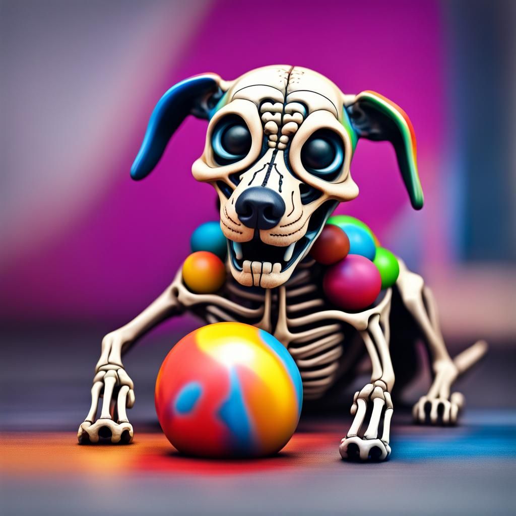 Hyperrealistic Skeleton Dog Plays with Ball