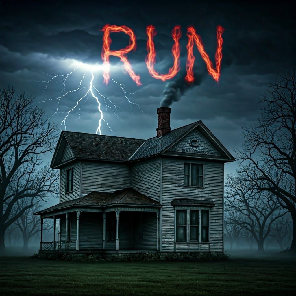 Ominous Kansas House with Lightning and Ghostly Warning