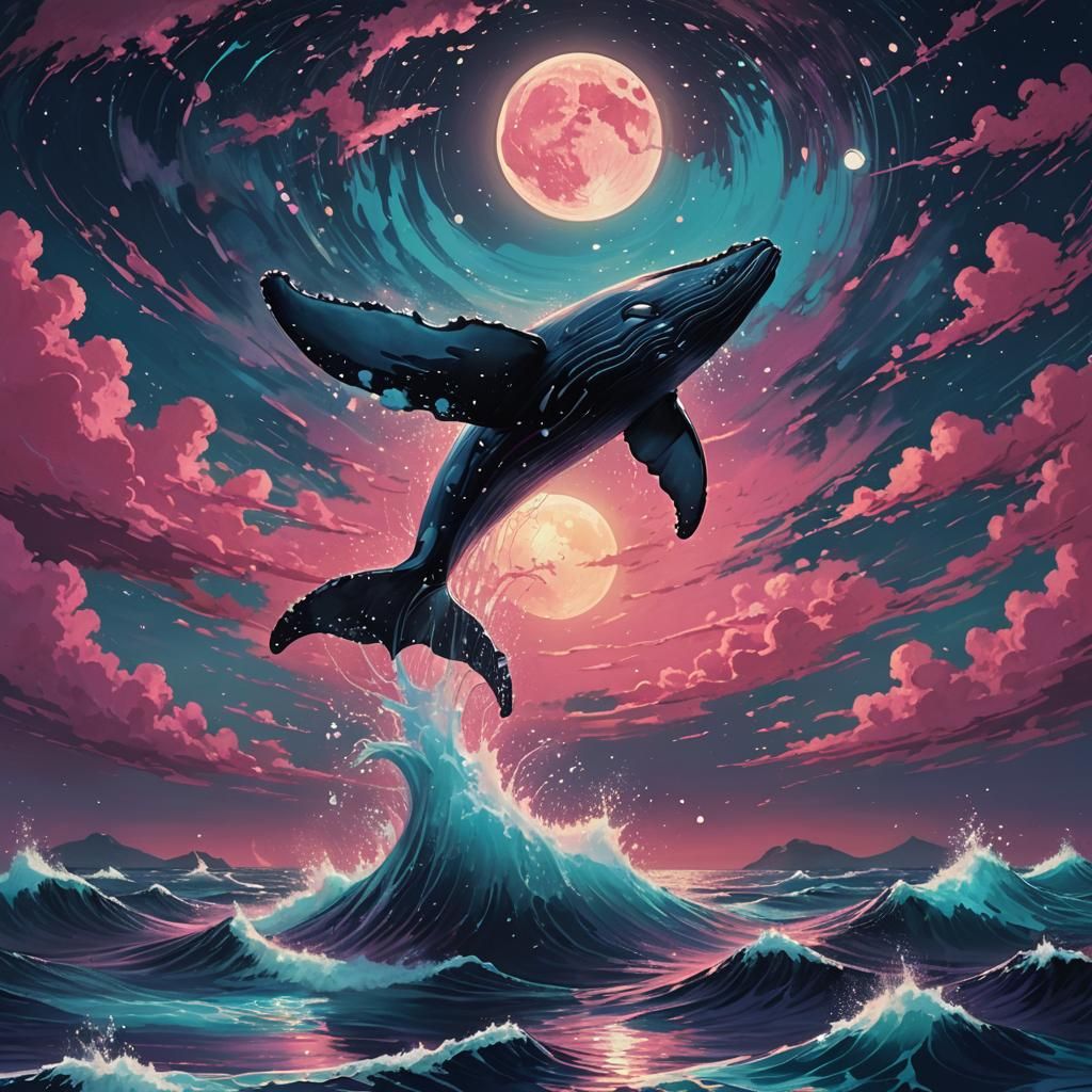 Whale Tail Leaps Under Moonlight: Fantasy Ocean Art