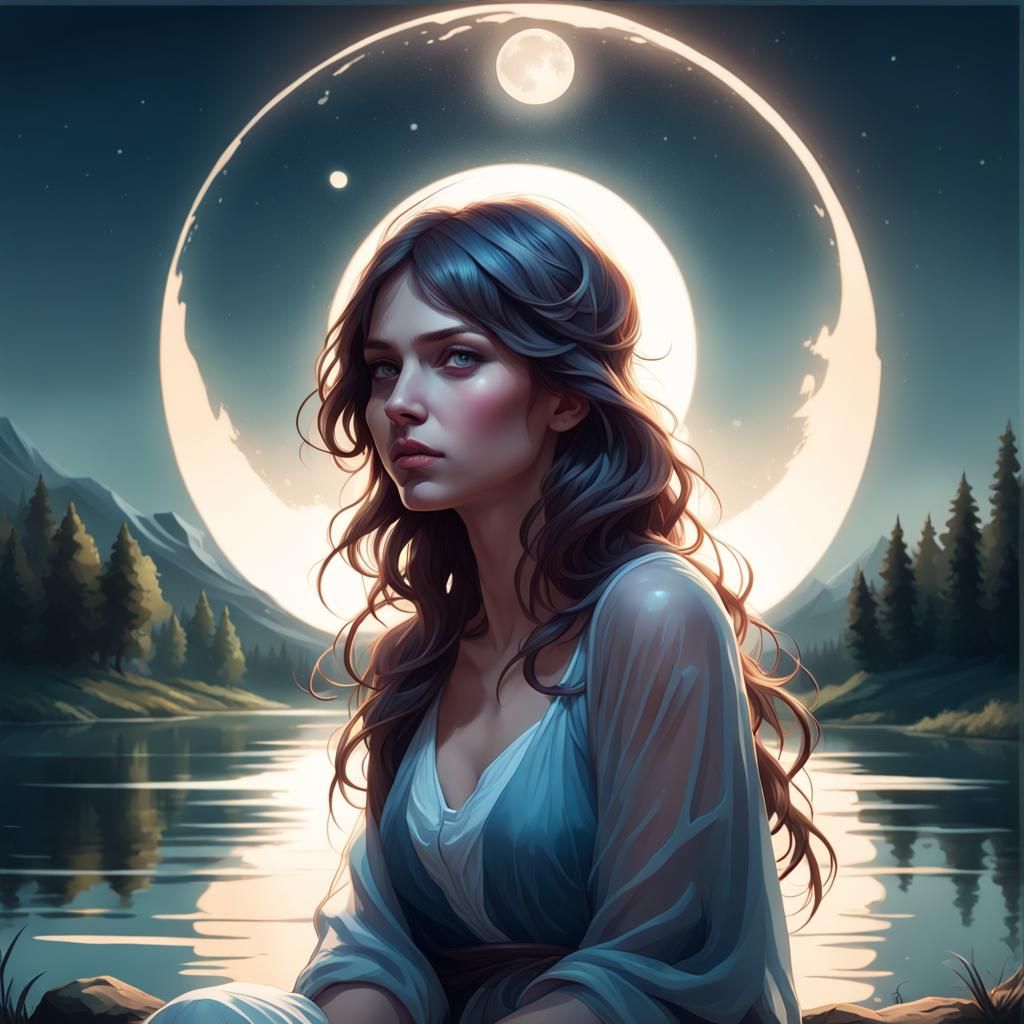 Mystical Woman by Lake in Moonlight: Hyperdetailed Portrait