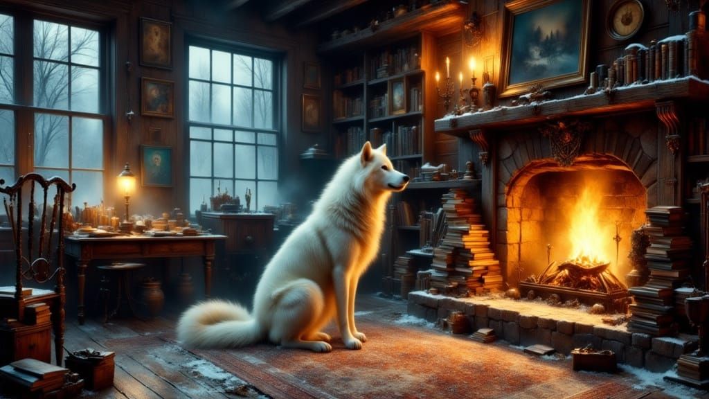 Majestic White Wolf by Fireplace in Cozy Cabin