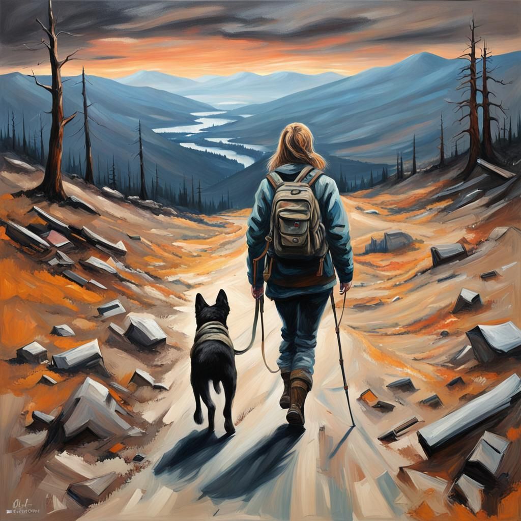 Post-Apocalyptic Girl and Dog in Bacon Style