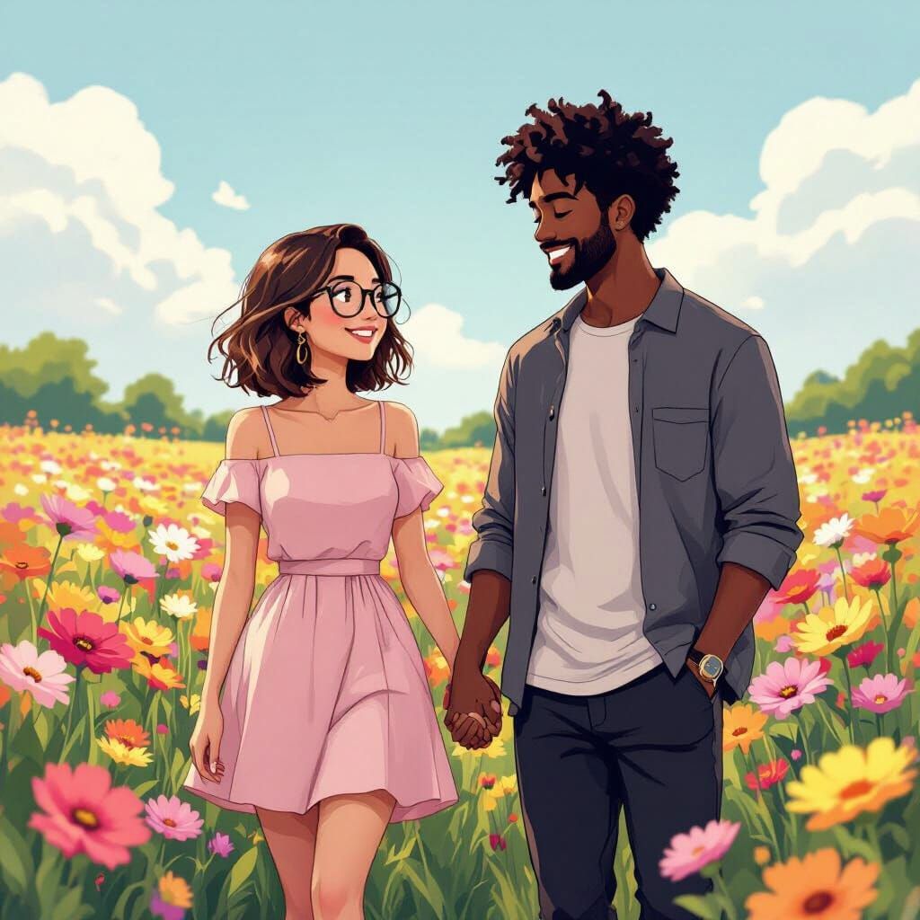 Couple in Flower Field, 2D Cartoon Style