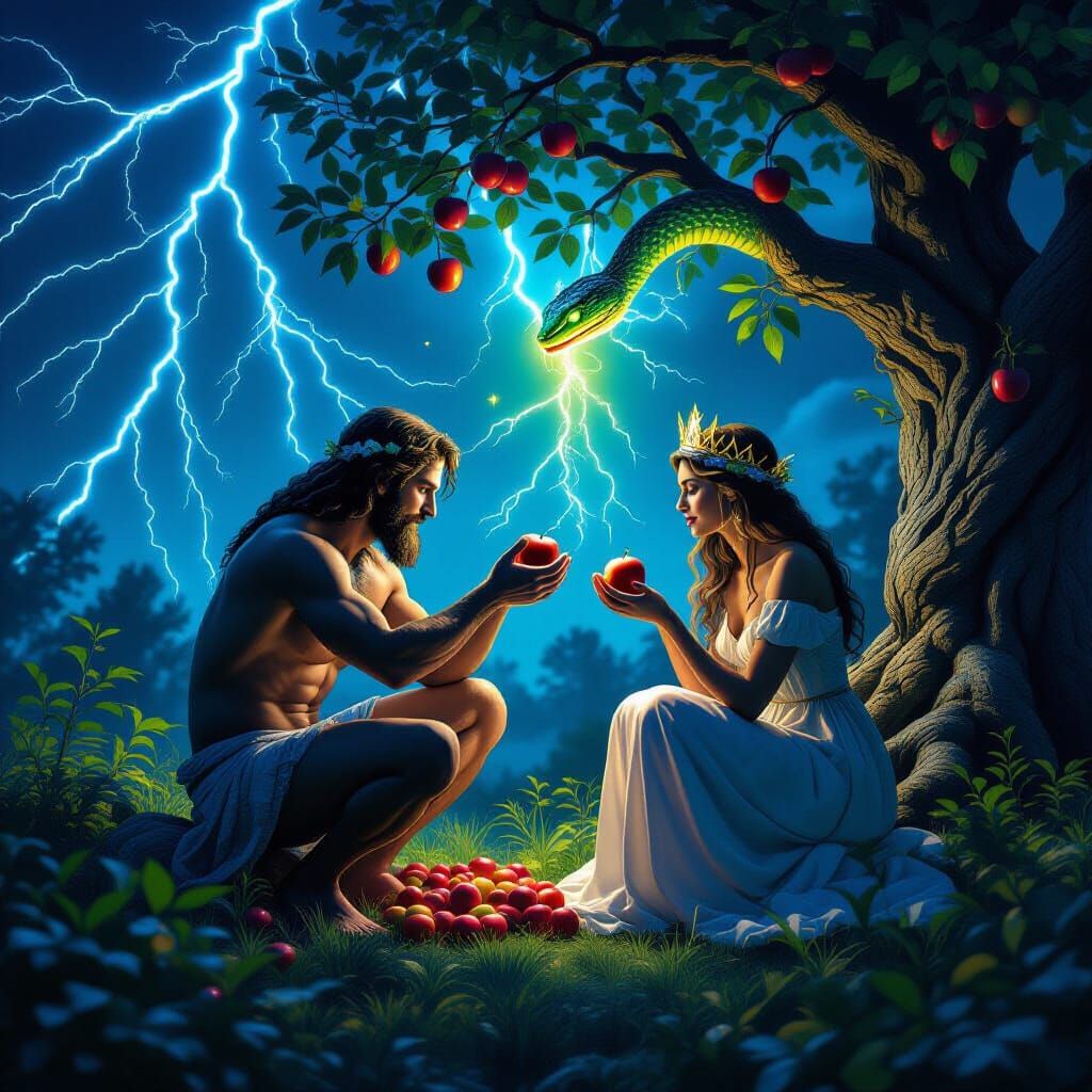 Adam and Eve in Neon Garden of Eden