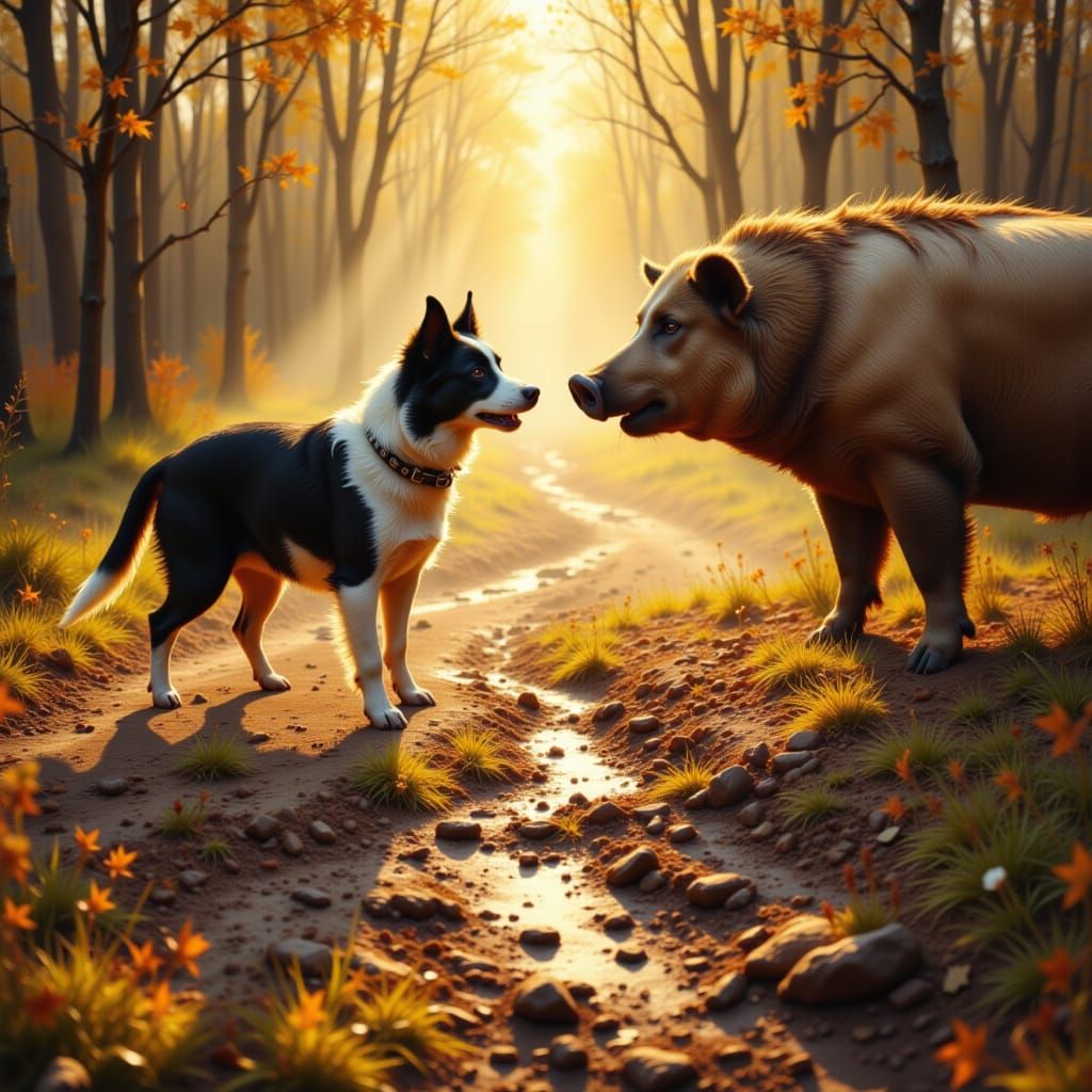 Border Collie Barks at Pig in Golden Morning Light