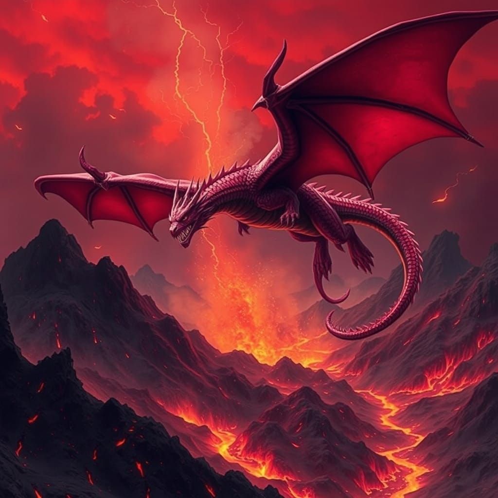 A dragon with scales of polished ruby soars through a crimson sky, its wings casting long shadows over a volcanic landsc...