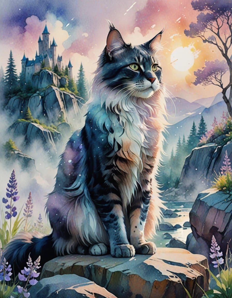 Elegant Cat with Lupins: Watercolor Splash Art