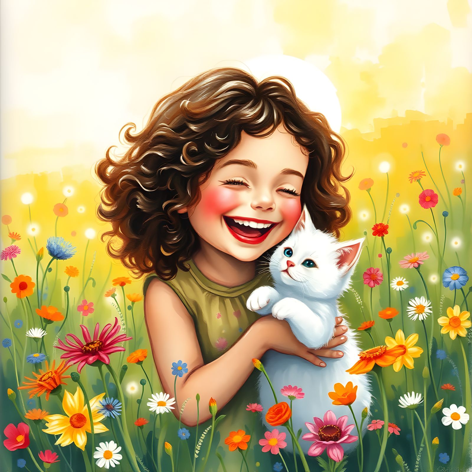 Girl and Kitten Playing in Wildflower Meadow