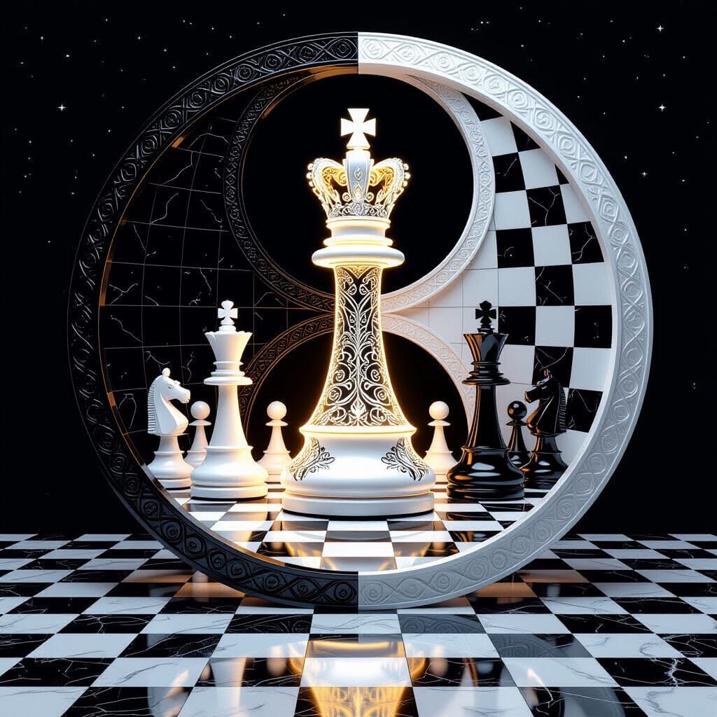 Yin-Yang Chessboard Symbol with Kings in Digital Art Style