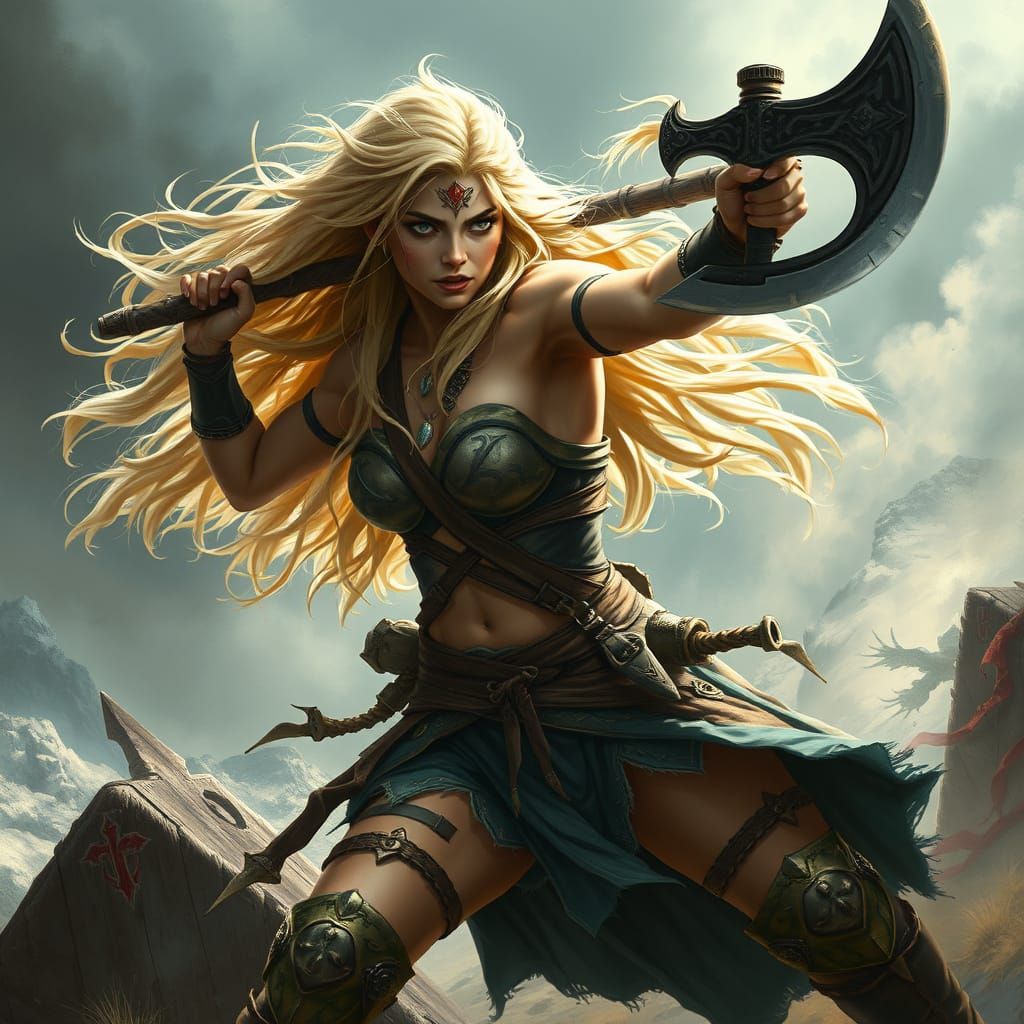 Valkyrie Goddess Battles Gods in Epic Fantasy Landscape