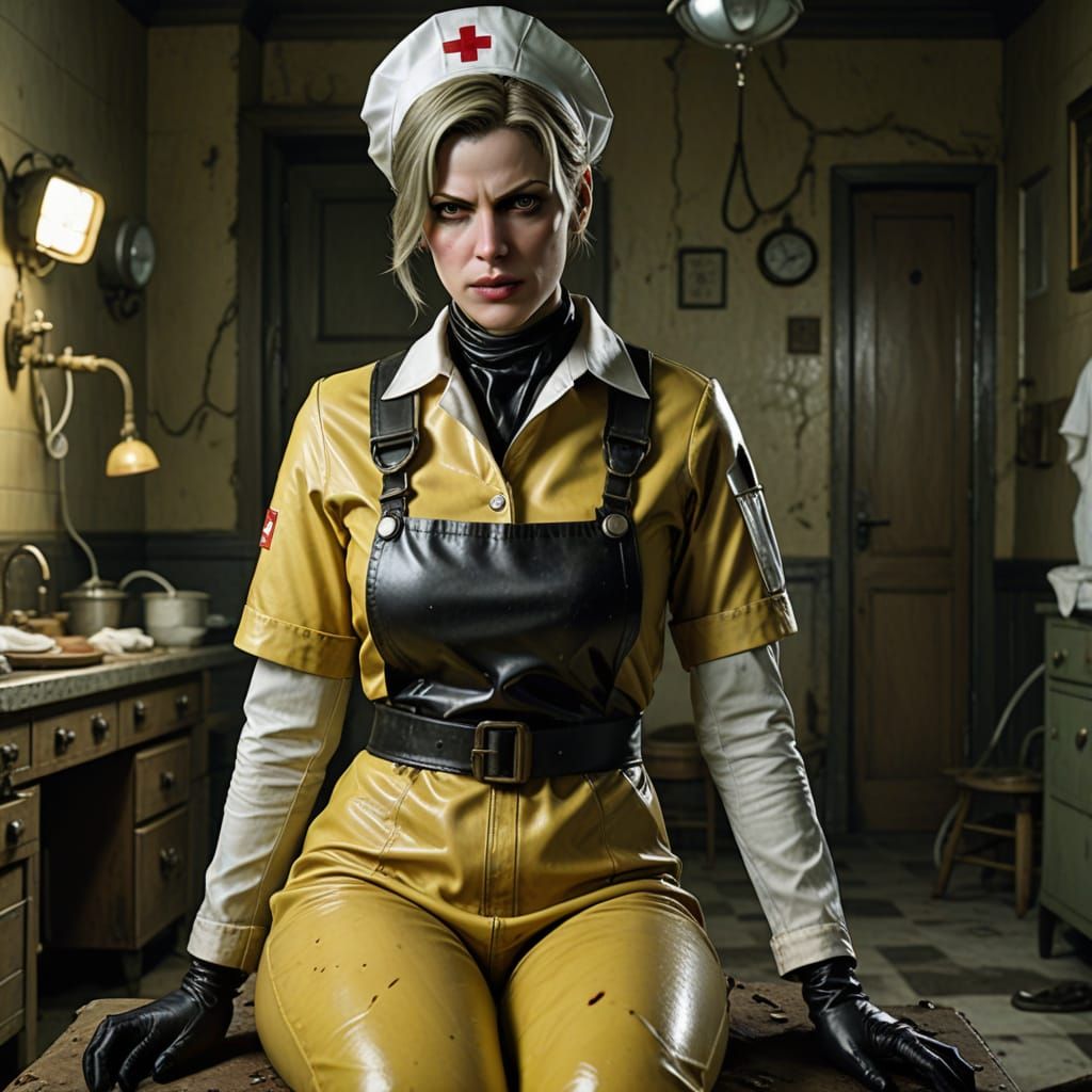 Stern Nurse Lady Dimitrescu in Horror-Inspired Rubber Attire