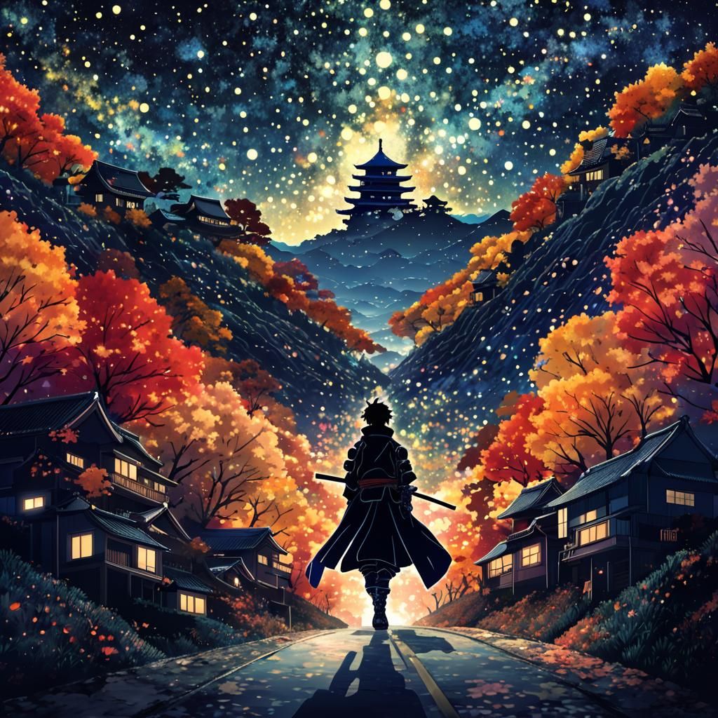 Futuristic Samurai on Autumn Road in Anime Style