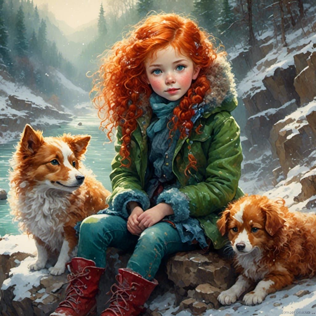 Little girl and her dogs