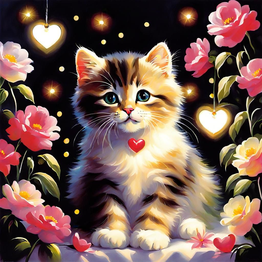 Cat with Flowers in Nostalgic Style