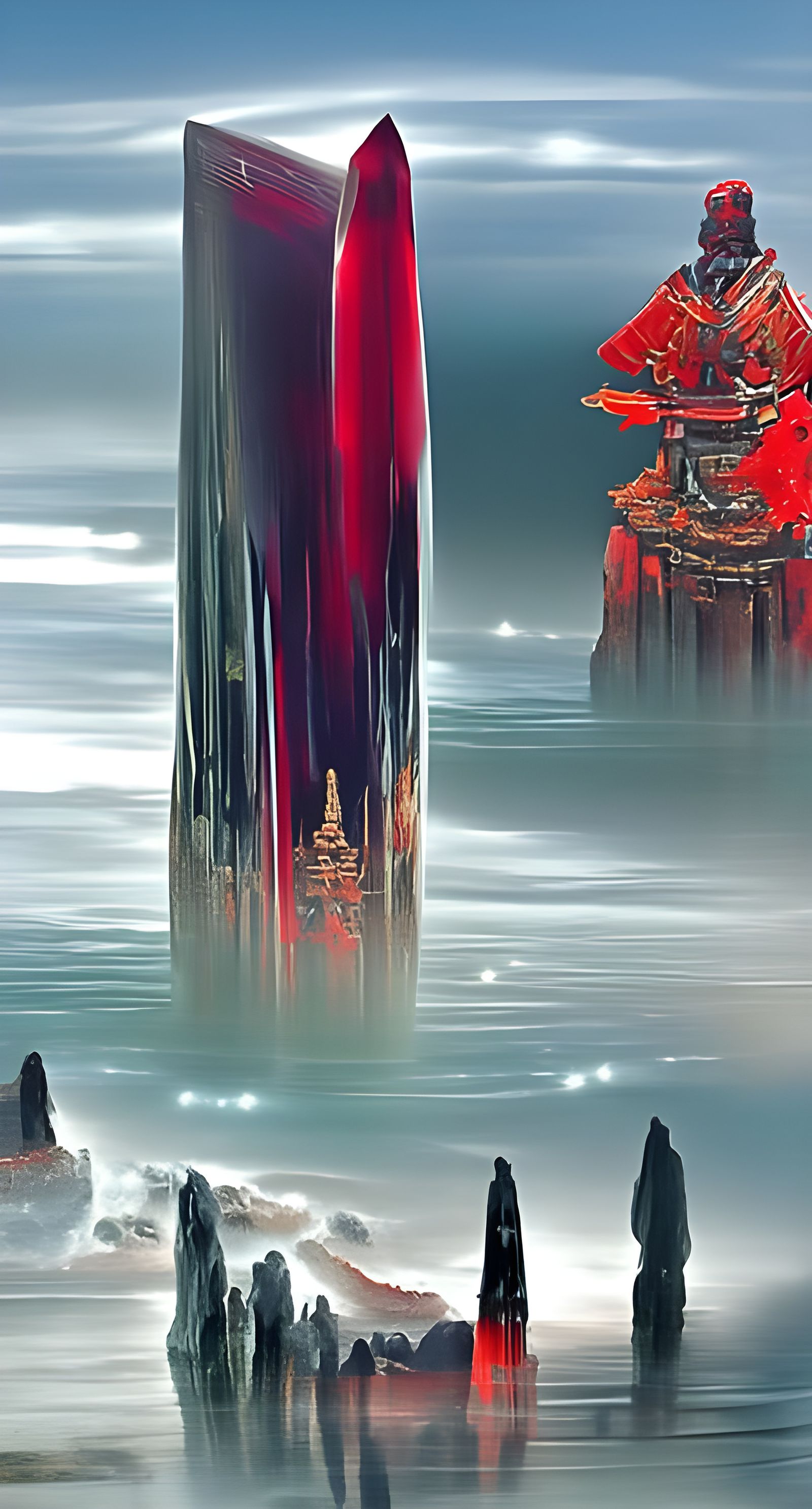 Glowing Red Monolith in Cosmic Ukiyo-e Style