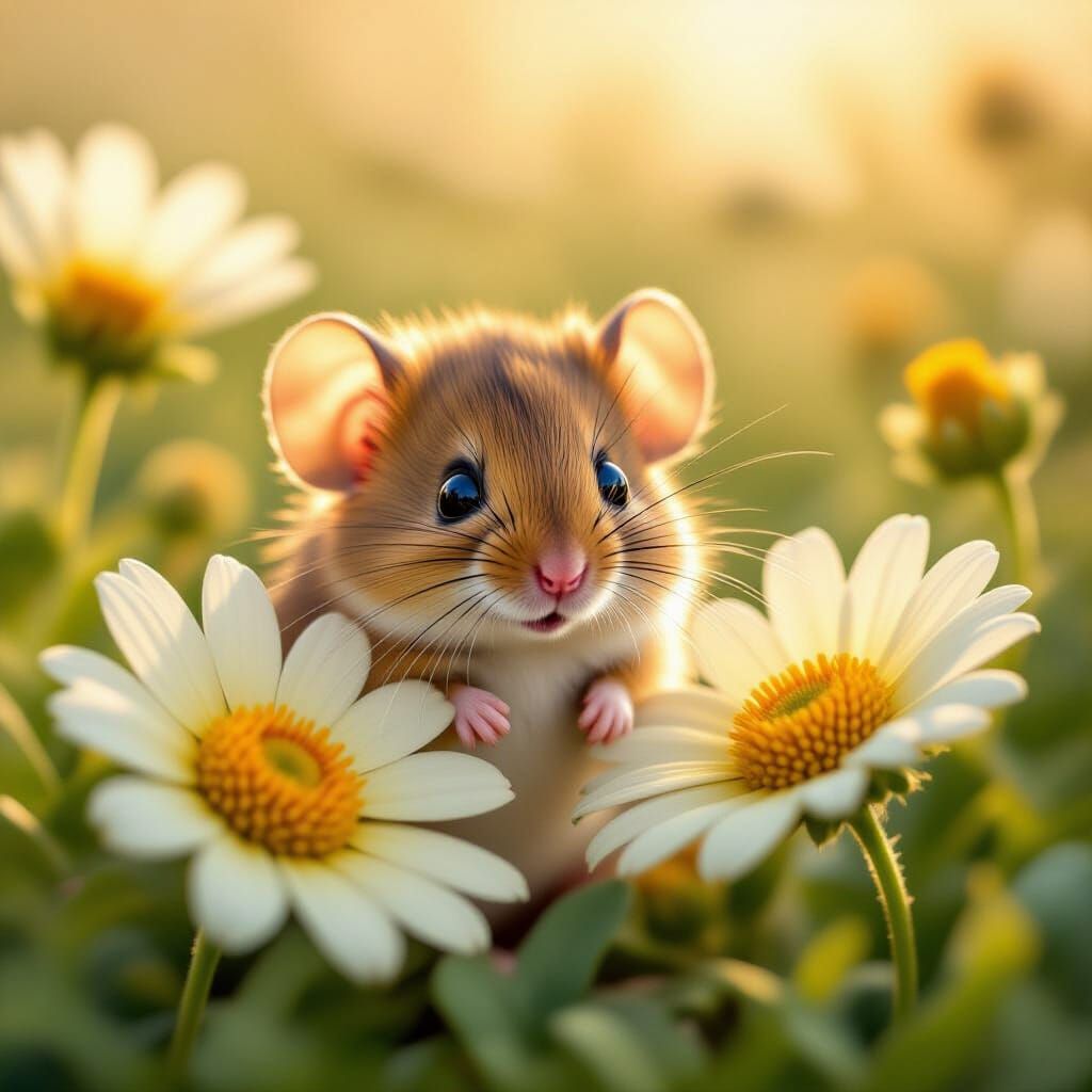 Adorable Mouse in Dewy Wildflowers with Golden Hour Light