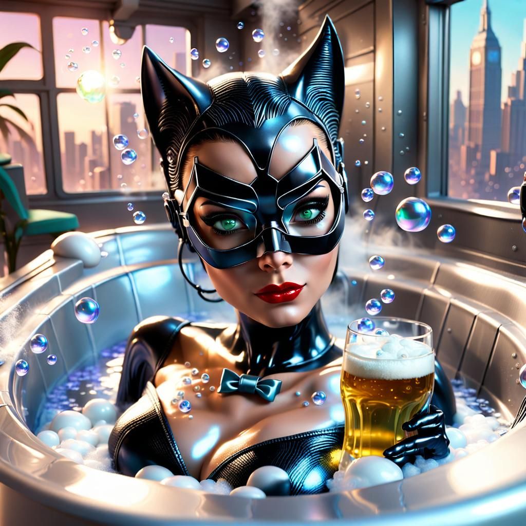 Superheroes On Vacation, Catwoman relaxing in the bath