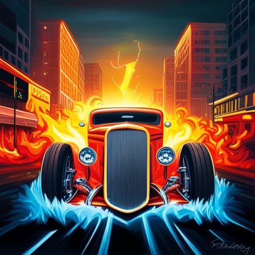 Retro Hot Rod Racing in Graffiti Art Style