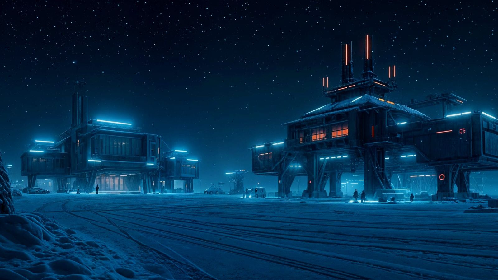 Snowy Military Base at Night in Cyberpunk Style