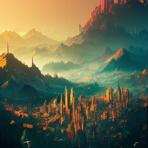Hyperdetailed Metropolis in Mountainous Fantasy Kingdom