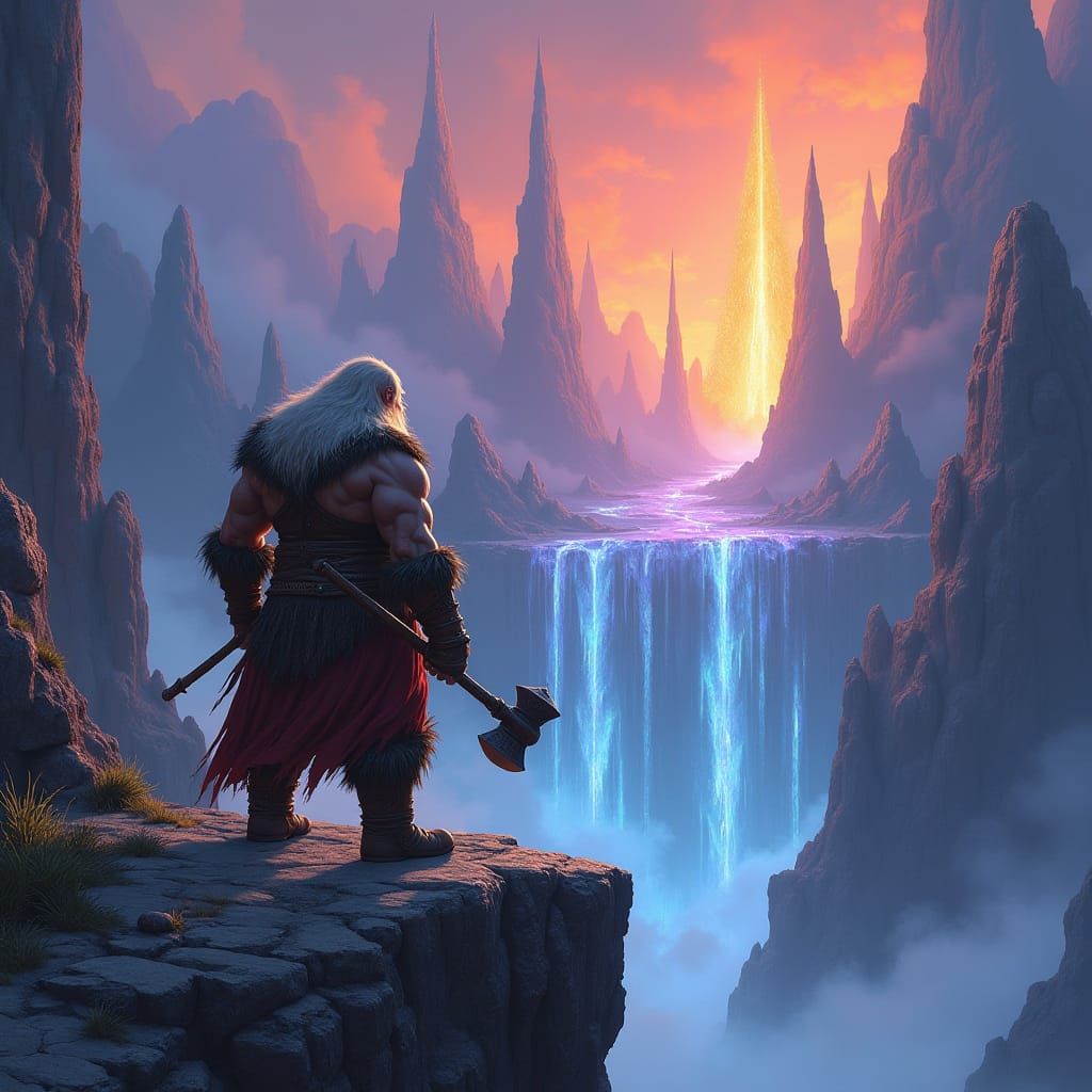 Mountain Dwarf Gazing Over Surreal Landscape