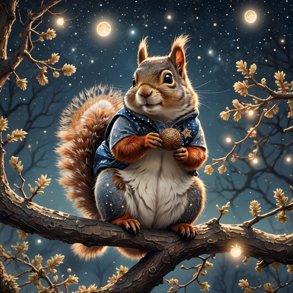 Squirrel with Glowing Acorn in Fantasy Forest