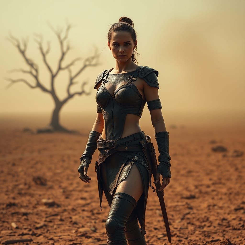 Stoic Woman in Detailed Leather Armor Walks Barren Land