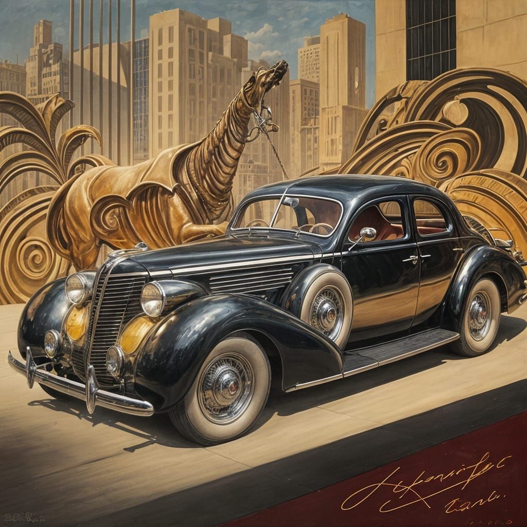 Elegant Art Deco Car Painting, 1938 Luxury Vehicle