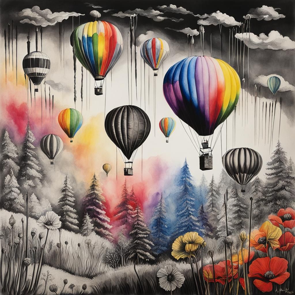 Surreal Drawing: Hot Air Balloons and Syringe in Organicpunk