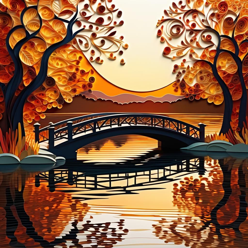 Quilled Paper Bridge at Sunset: Abstract Vector Fractal