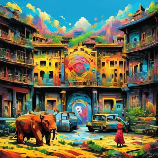 Surreal Graffiti Painting of Vast Indian Cityscapes