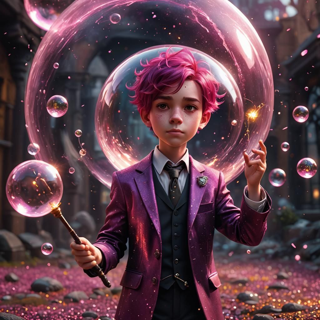 Magenta Haired Boy Surrounded by Embers, Digital Art