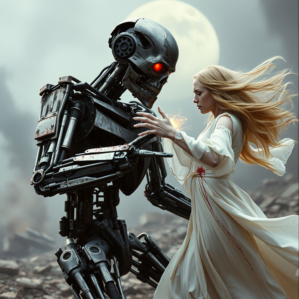 Terminator Robot vs. Magical Witch in Epic Duel